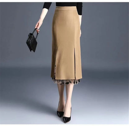 2026 Women Spring Summer Irregular Mesh Skirt Band Splice High Waist Skirt Knee Khaki Split Office Lady Skirt