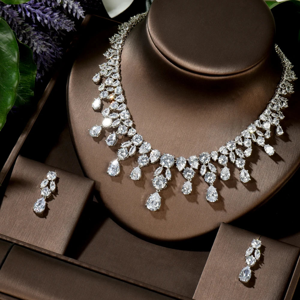 Wedding Jewelry Nigerian Design Cubic Zirconia Large Bridal Choker Necklace Earrings Sets For Women bijoux N-1454