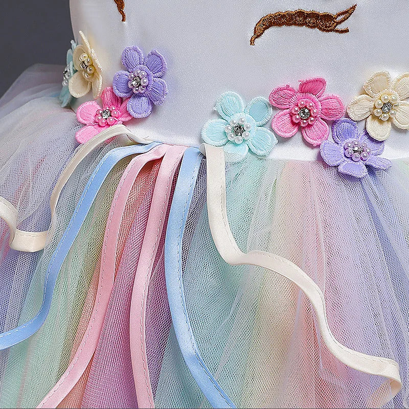 Vestido Longo de Festa de Casamento Unicórnio Arco-Íris para Menina Vestido de Performance de Dança de Personagem de Unicórnio para Festa de Aniversário de Menina Conjunto de Três Peças