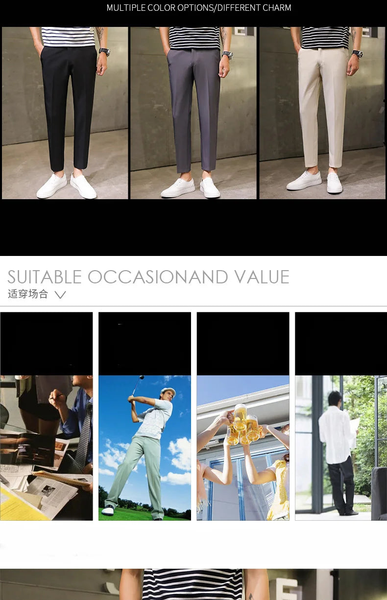 Spring Summer Men's Casual Pants Ankle Length Straight Classic Simplicity Solid Color Comfortable Male Business Pants