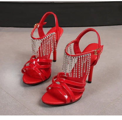 Passarela Modelo Salto Alto Stiletto Plataforma Sexy 11cm Sandálias Femininas Verão Vermelhas Sapatos de festa Sandálias Femininas de Tiras Cruzadas Tamanho 43