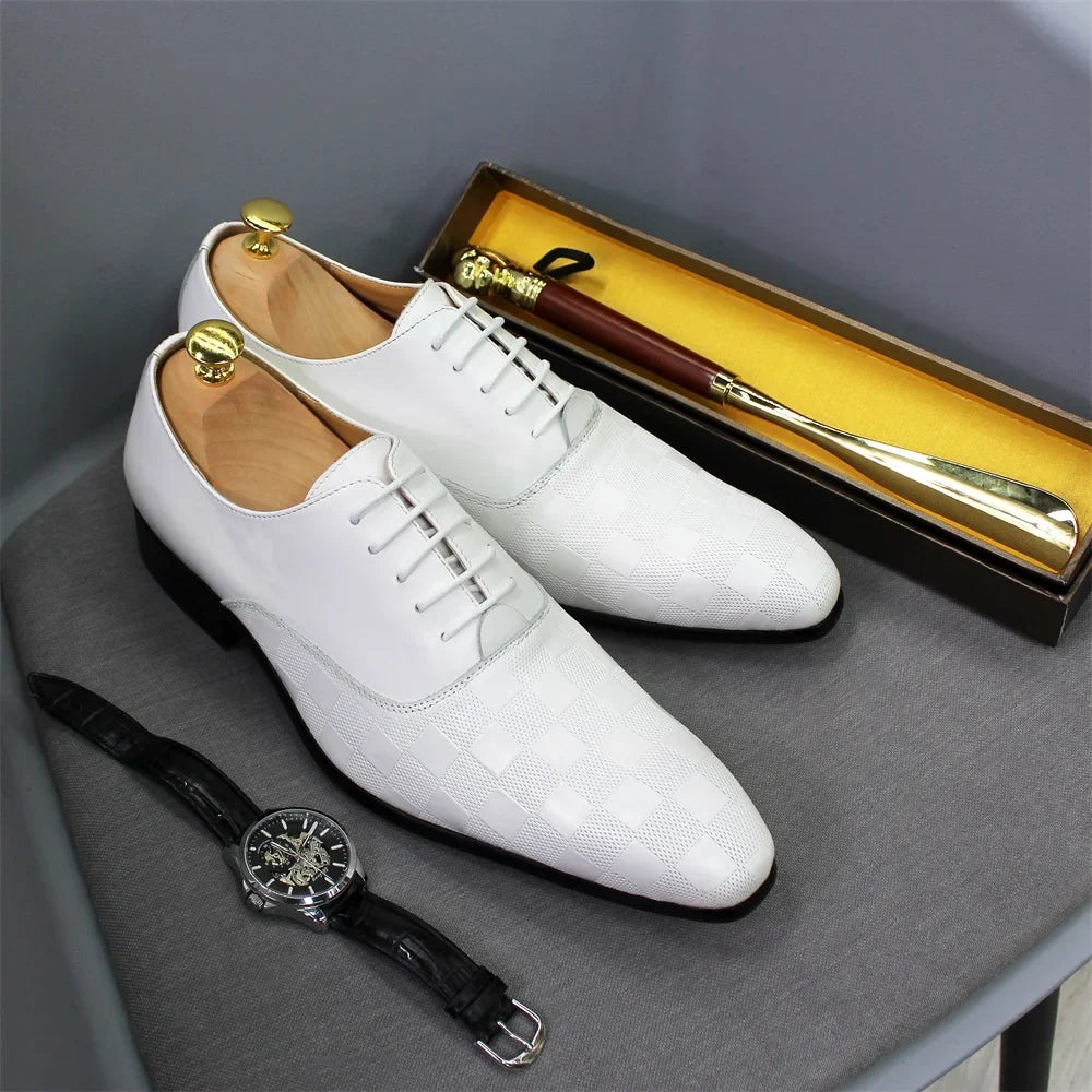 Size 7-12 Classic Italy Mens Oxford Real Leather Shoes White Lace Up Pointed Toe Wedding Party Dress Formal Shoes for Men