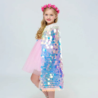 Novo Pequena Sereia Princesa Meninas Lantejoulas Capa Manto para Roupas de Festa na Praia Crianças Xale Arco-íris Cosplay Roupa de Natal