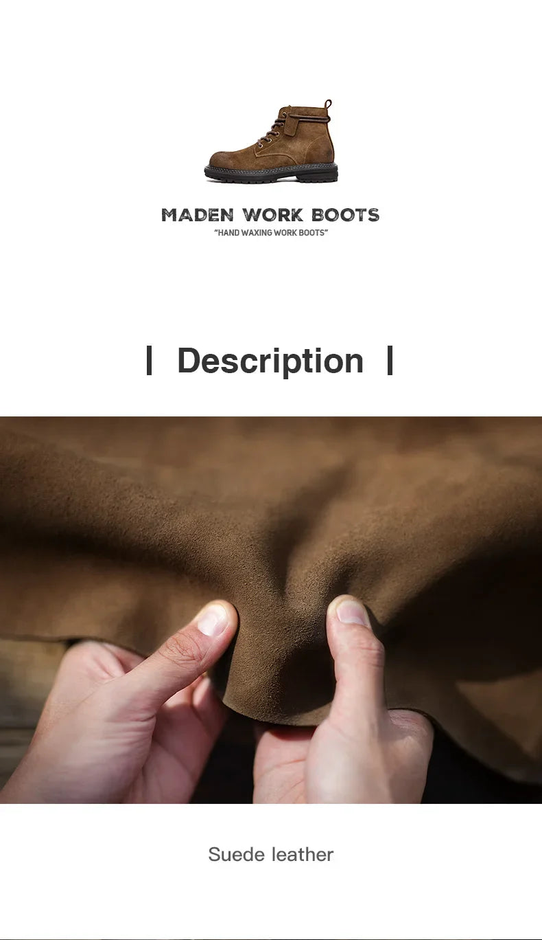 Men Vintage Split Suede Fleece-lined Boots Brown High-Top Work Boots Lace-Up Desert Ankle Rugged Sole Boots Outdoor Shoes