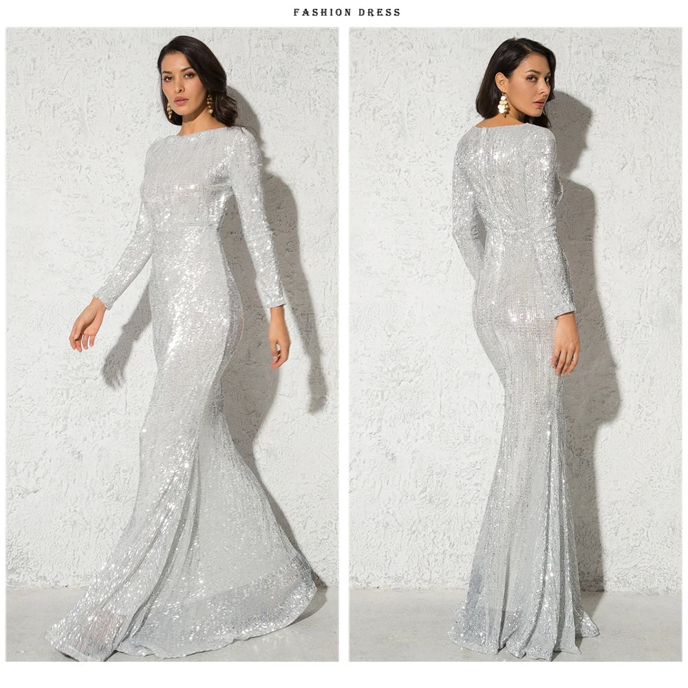 Modest Green Long Sleeve Mermaid Sequin Evening Gown Formal Dress Gold O Neck Stretch Women Wedding Party Maxi Cocktail Dresses