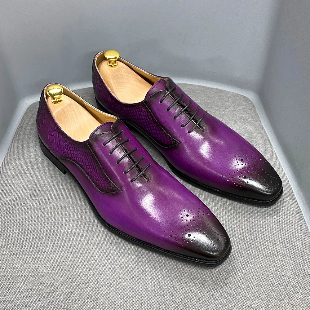 Luxury Men's Genuine Leather Oxford Shoes Snake Skin Print Black/Purple Lace-Up Square Toe Formal Dress Shoes
