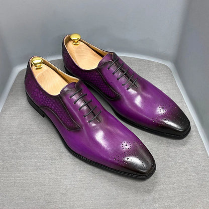 Luxury Men's Genuine Leather Oxford Shoes Snake Skin Print Black/Purple Lace-Up Square Toe Formal Dress Shoes