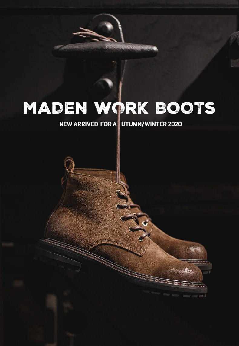 Men Vintage Split Suede Fleece-lined Boots Brown High-Top Work Boots Lace-Up Desert Ankle Rugged Sole Boots Outdoor Shoes