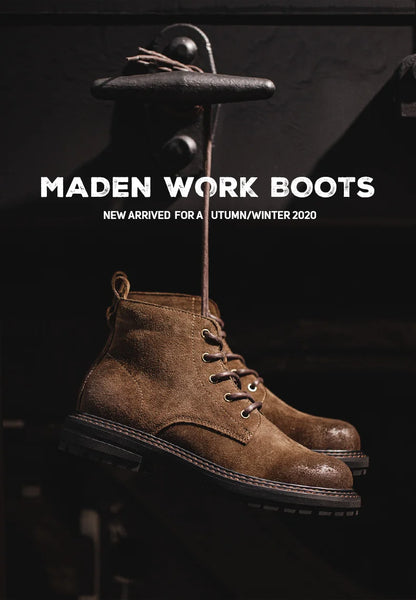 Men Vintage Split Suede Fleece-lined Boots Brown High-Top Work Boots Lace-Up Desert Ankle Rugged Sole Boots Outdoor Shoes