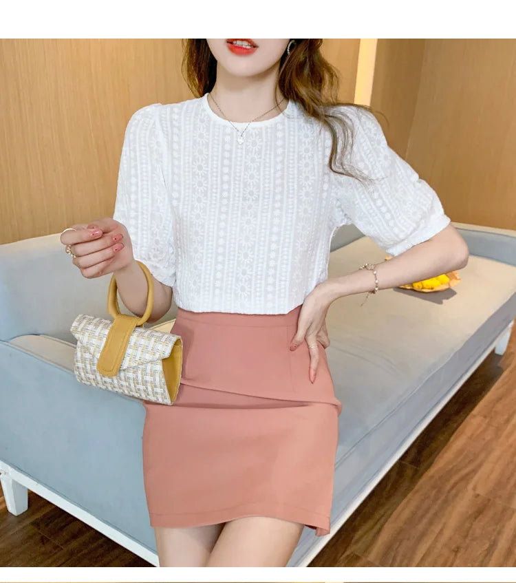 Korean Embroidery Floral Blouse Women Summer New Sweet Loose Lace Shirt Women's 2025 Short Sleeve O Neck Casual White Tops 15217