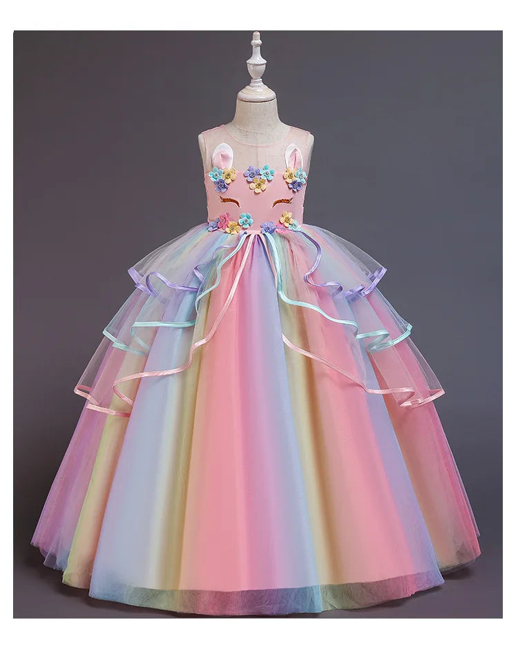 Vestido Longo de Festa de Casamento Unicórnio Arco-Íris para Menina Vestido de Performance de Dança de Personagem de Unicórnio para Festa de Aniversário de Menina Conjunto de Três Peças