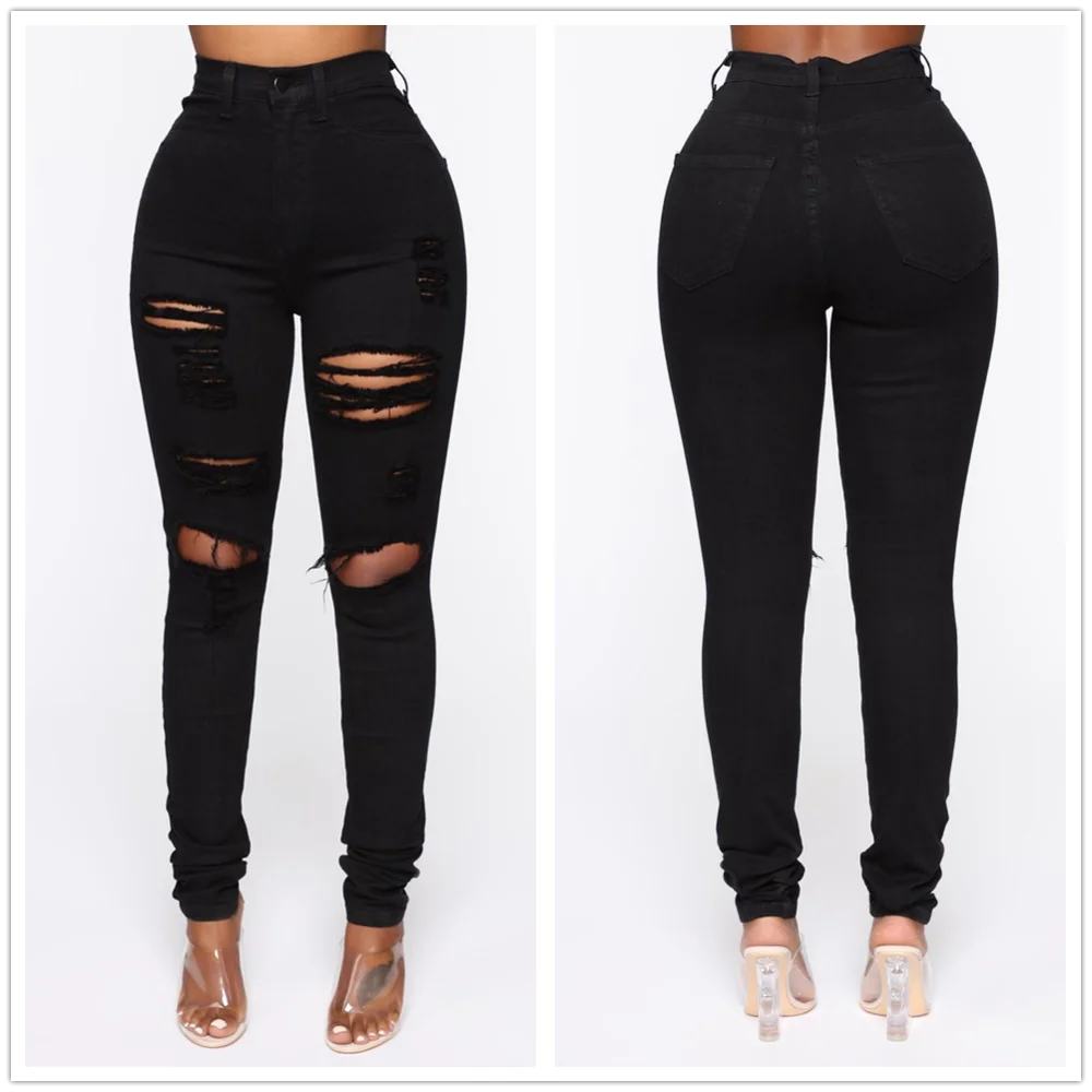 Black Ripped Jeans For Womens High Waist Denim Pencil Pants