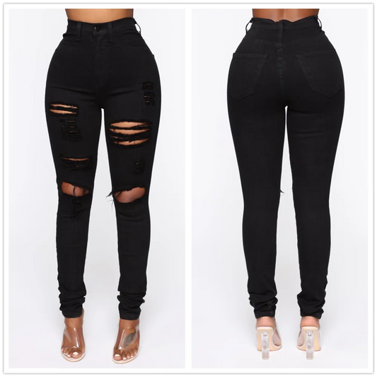 Black Ripped Jeans For Womens High Waist Denim Pencil Pants