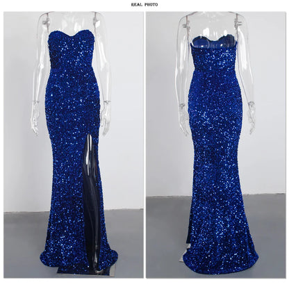 Red Sequin Strapless Cocktail Prom Dresses Stretch Velvet Sexy Slit Leg Paded Backless Mermaid Formal Evening Dress 2025