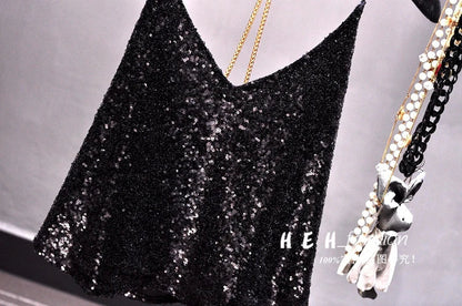 Sequins Condole Belt Vest, Women's Fashion Wear Tops 2023 Suumer Sexy Low-cut Loose T-shirts tank top  tops