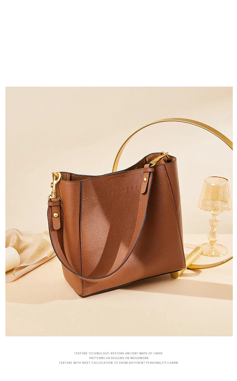 Genuine Leather Casual Shopper Shoulder Bag Commuter Large Bucket Handbag Simple High Quality Women Tote Underarm Bags