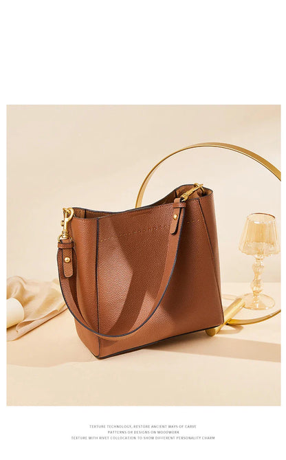 Genuine Leather Casual Shopper Shoulder Bag Commuter Large Bucket Handbag Simple High Quality Women Tote Underarm Bags