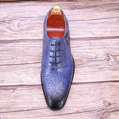2022 Classic Men Oxford Dress Shoes Real Leather Flower Print Cap Toe Lace Up Buckle Blue Wedding Party Formal Footwear for Men