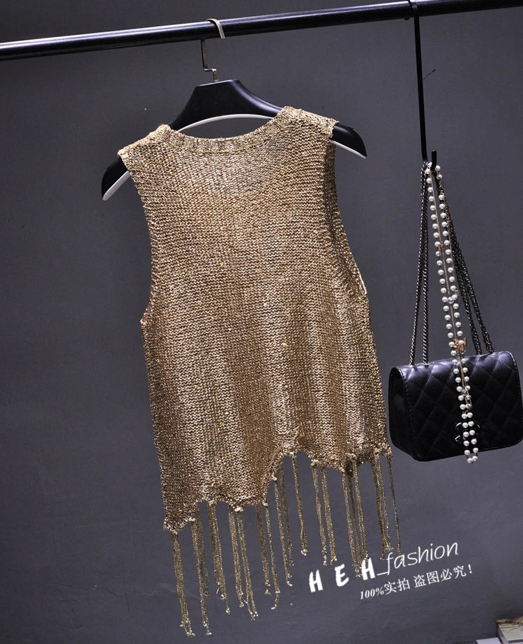 Sexy Shiny Gold Silver Knitted Tank Tops Women Bling Bling Sequined Tassels Knitted Vest  All Neon Store Clothes  Korean
