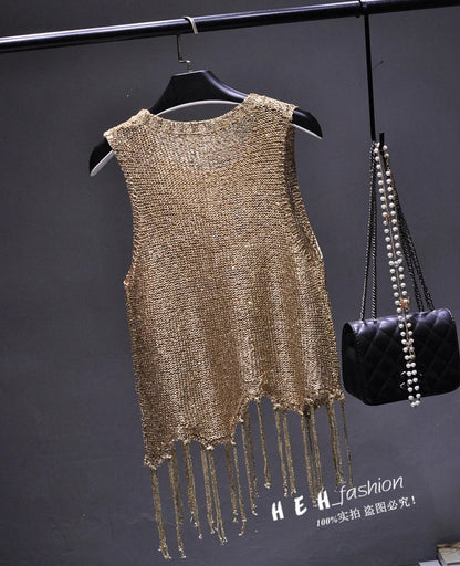 Sexy Shiny Gold Silver Knitted Tank Tops Women Bling Bling Sequined Tassels Knitted Vest  All Neon Store Clothes  Korean