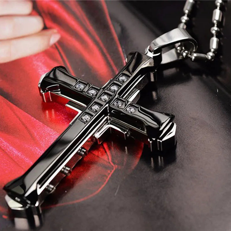 Male Crystal Cross Jesus Pendant Gold/Black/Blue Color Zirconia Necklace Stainless Steel Jewelry