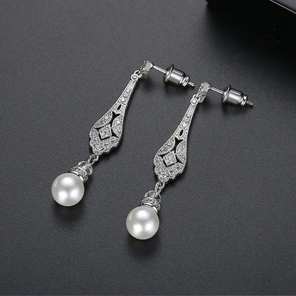 Pave Setting Fashion CZ Crystal Pearl Women Girls Earring AAA Grade Cubic Zircon Earring Bridal Wedding Dangle Earring