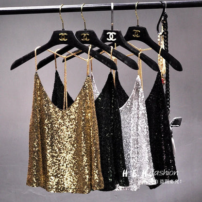 Sequins Condole Belt Vest, Women's Fashion Wear Tops 2023 Suumer Sexy Low-cut Loose T-shirts tank top  tops