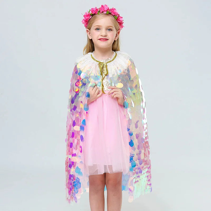 Novo Pequena Sereia Princesa Meninas Lantejoulas Capa Manto para Roupas de Festa na Praia Crianças Xale Arco-íris Cosplay Roupa de Natal