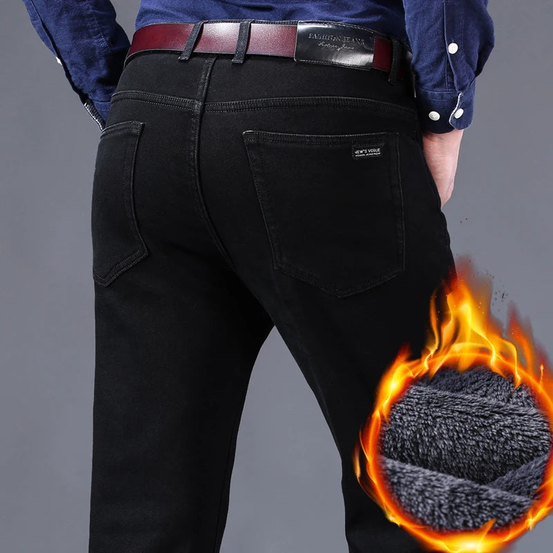 2023 Winter Men Black Blue Straight Stretch Denim Thick Velvet Pants Warm Jeans Casual Fleece Line Trousers Male Plus Size