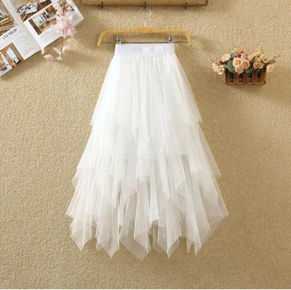 Women Sweet  Midi Spring And Summer High Waist Solid Asymmetrical Elegant Chic White Mesh Tulle Skirts Faldas