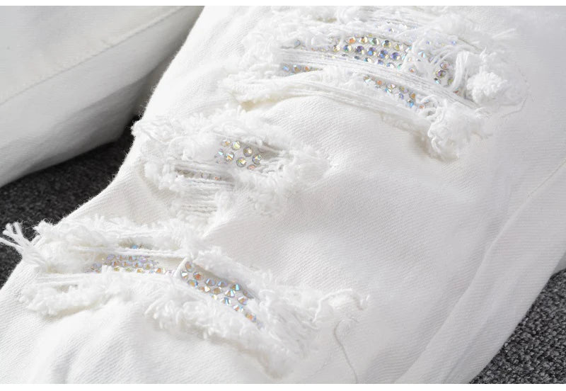 Men's White Crystal Holes Ripped Jeans Fashion Slim Skinny Rhinestone Stretch Denim Pants