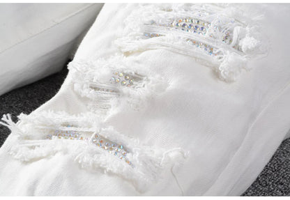 Men's White Crystal Holes Ripped Jeans Fashion Slim Skinny Rhinestone Stretch Denim Pants