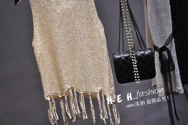 Sexy Shiny Gold Silver Knitted Tank Tops Women Bling Bling Sequined Tassels Knitted Vest  All Neon Store Clothes  Korean