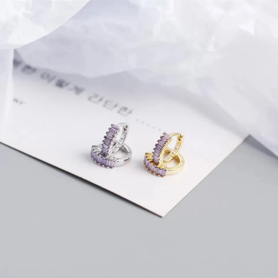 925 Sterling Silver Earring Fashion Rectangle Color Zircon Round Ear Ring Ear Bone Wild Trend Sweet Simple Women Girl Ear Jewelr