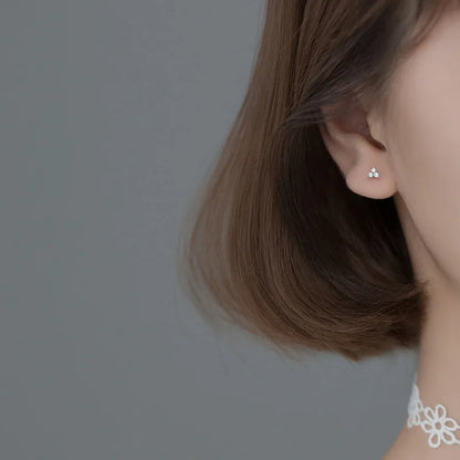 Genuine 925 Sterling Silver Romantic Three Petal Flower Mini Cute Stud Earrings for Women Girl Charming Party Jewelry