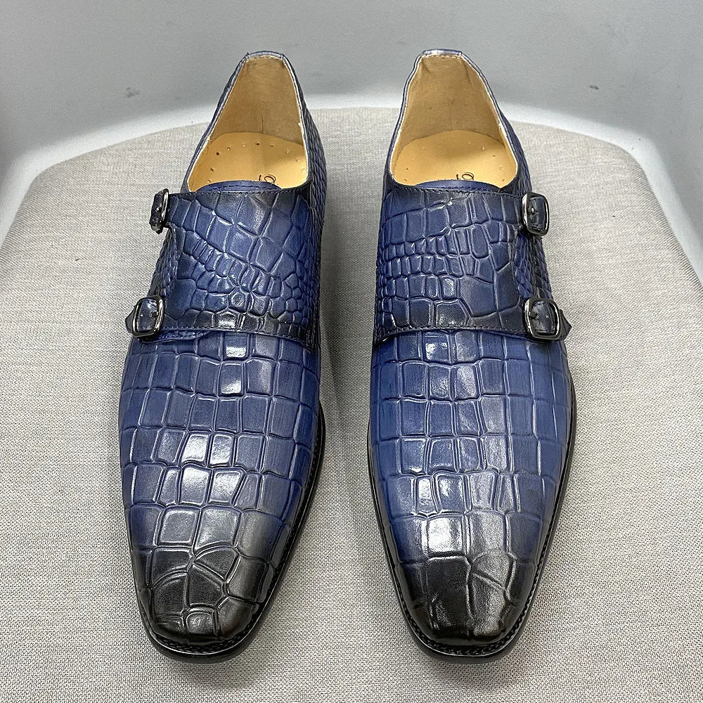 Men's Luxury Italian Real Leather Pointed Toe Double Buckle Formal Business Black Shoes Alligator Print for Business Casual Wear