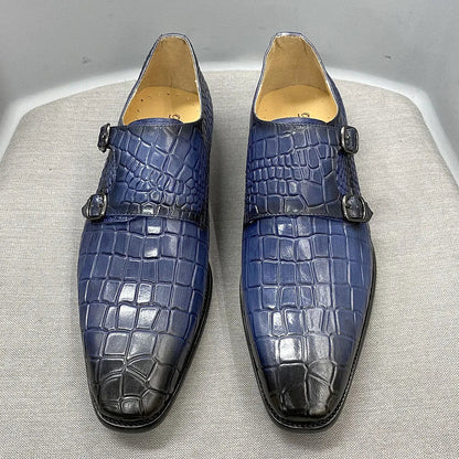 Men's Luxury Italian Real Leather Pointed Toe Double Buckle Formal Business Black Shoes Alligator Print for Business Casual Wear