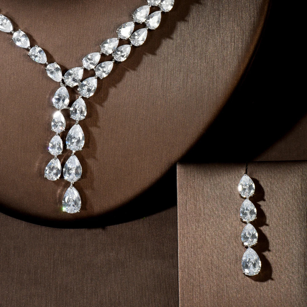 Clear Best Quality Brilliant Crystal Zircoina Earrings And Necklace Bridal Jewelry Set Wedding Dress Accessories N-1453
