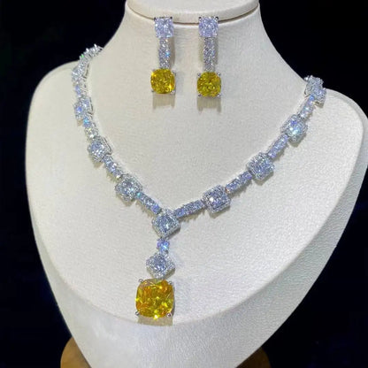 Square Bright Yellow and Green Color Drop Earrings Necklace For Women Jewelry Set  Bridal Wedding Accessories  X0185