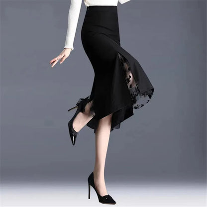 2026 Women Spring Summer Irregular Mesh Skirt Band Splice High Waist Skirt Knee Khaki Split Office Lady Skirt
