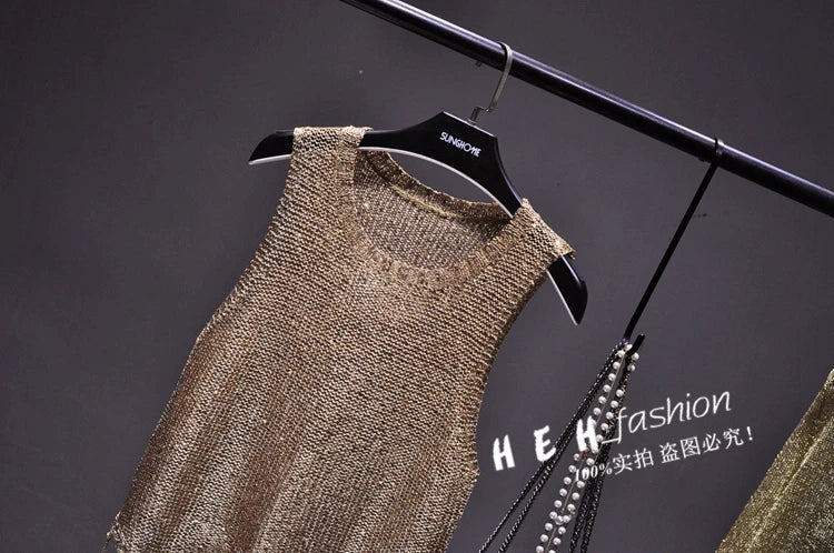 Sexy Shiny Gold Silver Knitted Tank Tops Women Bling Bling Sequined Tassels Knitted Vest  All Neon Store Clothes  Korean