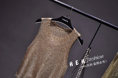 Sexy Shiny Gold Silver Knitted Tank Tops Women Bling Bling Sequined Tassels Knitted Vest  All Neon Store Clothes  Korean