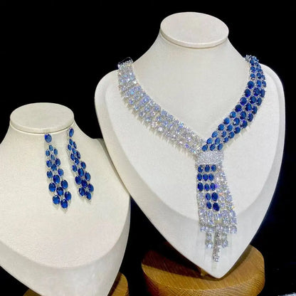 Luxury Blue 2 Piece Tassel Necklace Cubic Zircon Jewelry Set Women Wedding European Party Jewelry Set X0140