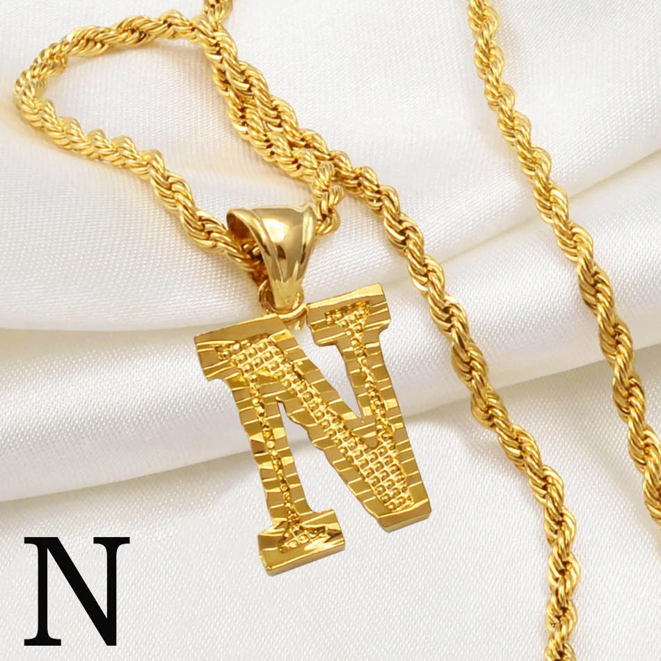 A-Z Letters Necklaces Women Men Gold Plated Initial Pendant Rope Chain English Letter Jewelry Alphabet African #058002B