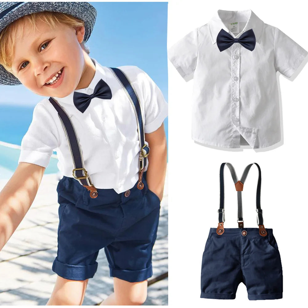 Ring Bearer Boy Bow Gentleman Party Clothes White Shirt + Navy Shorts+Suspenders Kids Children Wedding Outfits Short Sleeve Sets