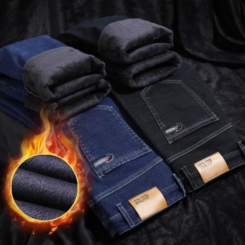 Winter New Men's Warm Blue Black Slim Jeans Classic Style Stretch Slim Fit Thick Pants Fashion Trousers Male Brand