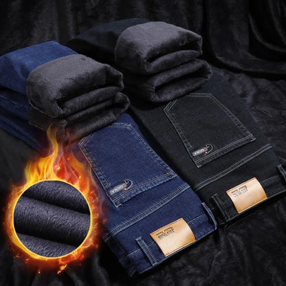 Winter New Men's Warm Blue Black Slim Jeans Classic Style Stretch Slim Fit Thick Pants Fashion Trousers Male Brand