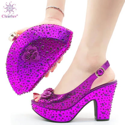 Italian Women Shoes and Bag Set Decorated with Rhinestone In Party African Italian Shoes and Bag Set Party Shoes Bag