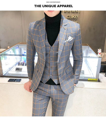 Blazer and Vest and Pants / Boutique Fashion Plaid Men's Casual Business Suit 3pcs Set Groom Wedding Dress Performance Costume
