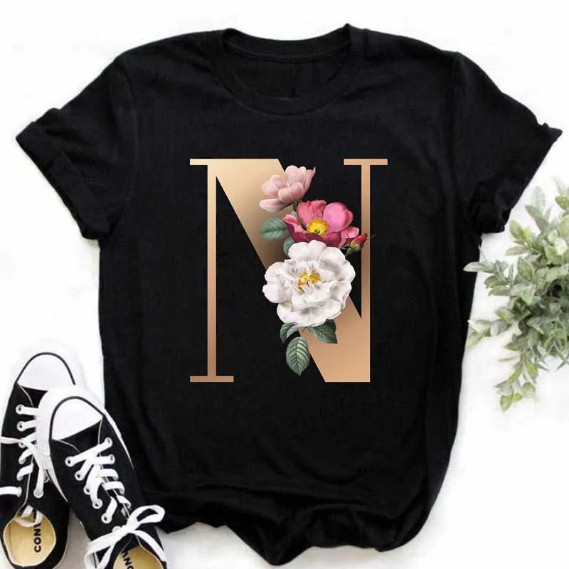 A B C D E English Alphabet Print T Shirt Women New Summer Couples Lovers Female T-Shirt Harajuku Casual Black Tops Tshirts